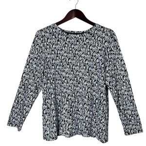 Chico’s Sz 2 (US L) Stretch Jersey Knit Top Soft Comfy Black White Abstract Fall